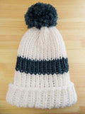clolicot bonnet laine tricot artisanat fait main hiver femme homme chapeau pompon création couleur blanc denim rayé accessoire mode