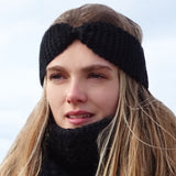 clolicot headband bandeau tête laine tricot artisanat fait main création hiver automne femme motif accessoire qualité unique mode style fashion couleur noir noire foncé classique