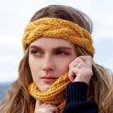 clolicot headband bandeau tête laine tricot artisanat fait main création hiver automne femme motif torsade tresse accessoire qualité unique mode style fashion couleur jaune